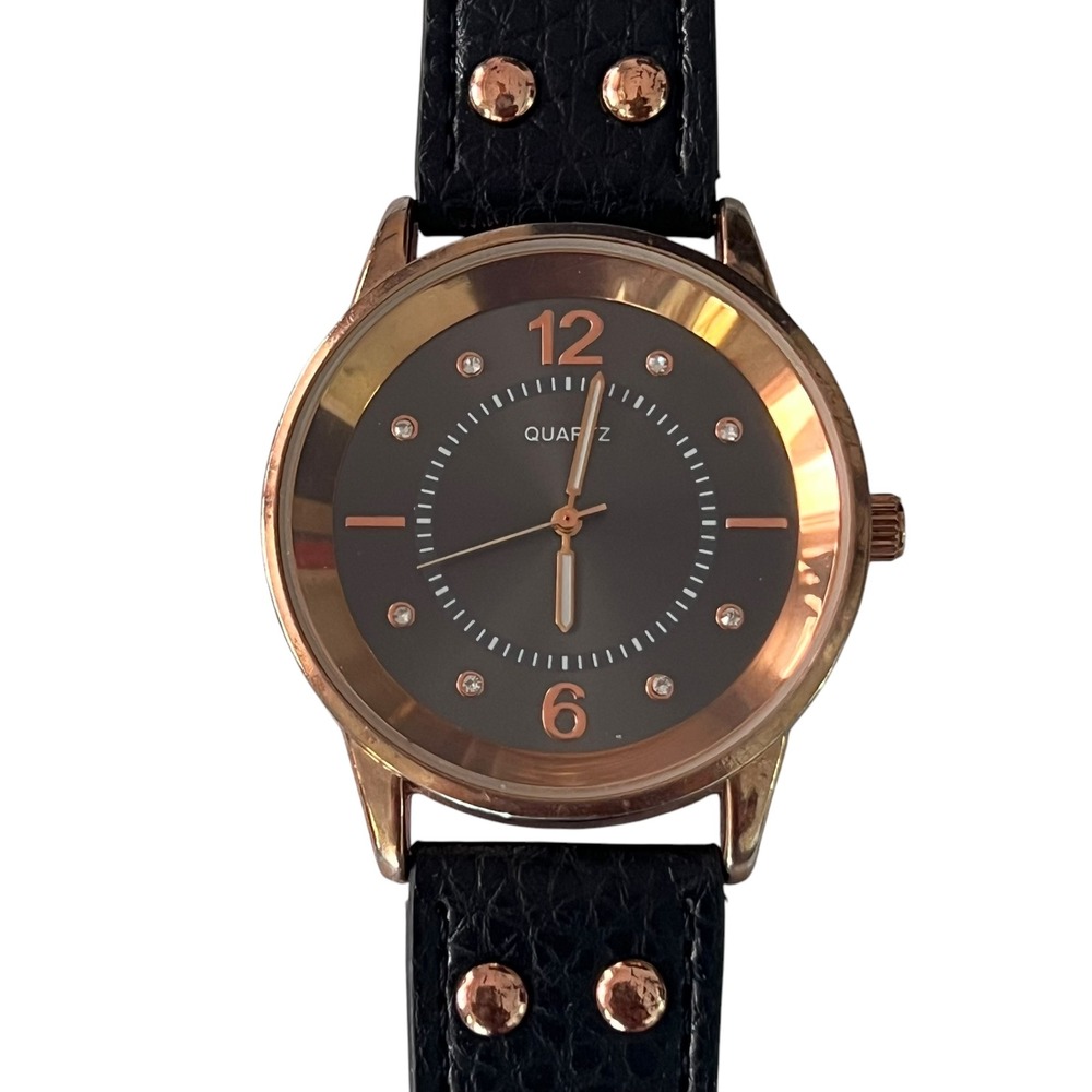 Quartz Watch Rhinestone‎ Accent Markers Black Band Rose Gold Tone Bezel - Picture 13 of 14
